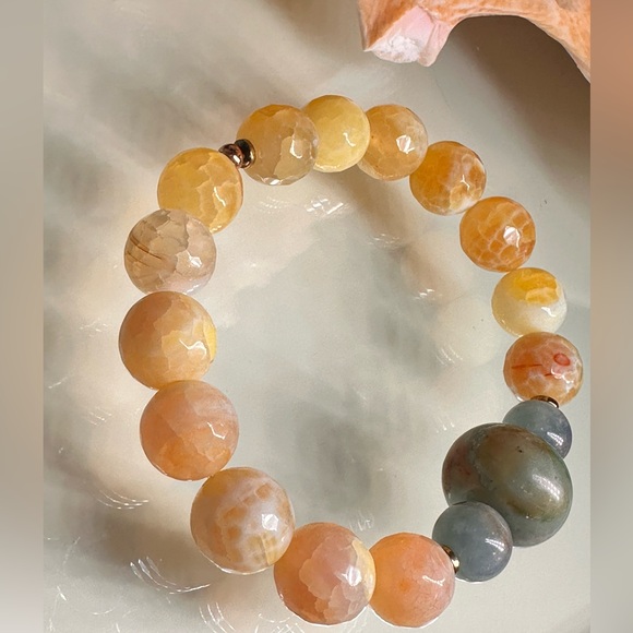 YELLO FIRE AGATE + AMAZONITE + LEMURIAN NATURAL STONES BRACELET size 7” - Picture 7 of 12